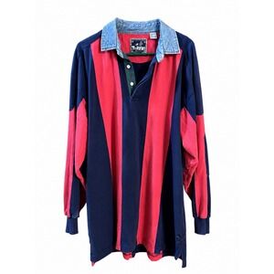 Vintage Mackinaw & Hudson Rugby Shirt XXL Red Navy Stripe Denim Collar Hong Kong